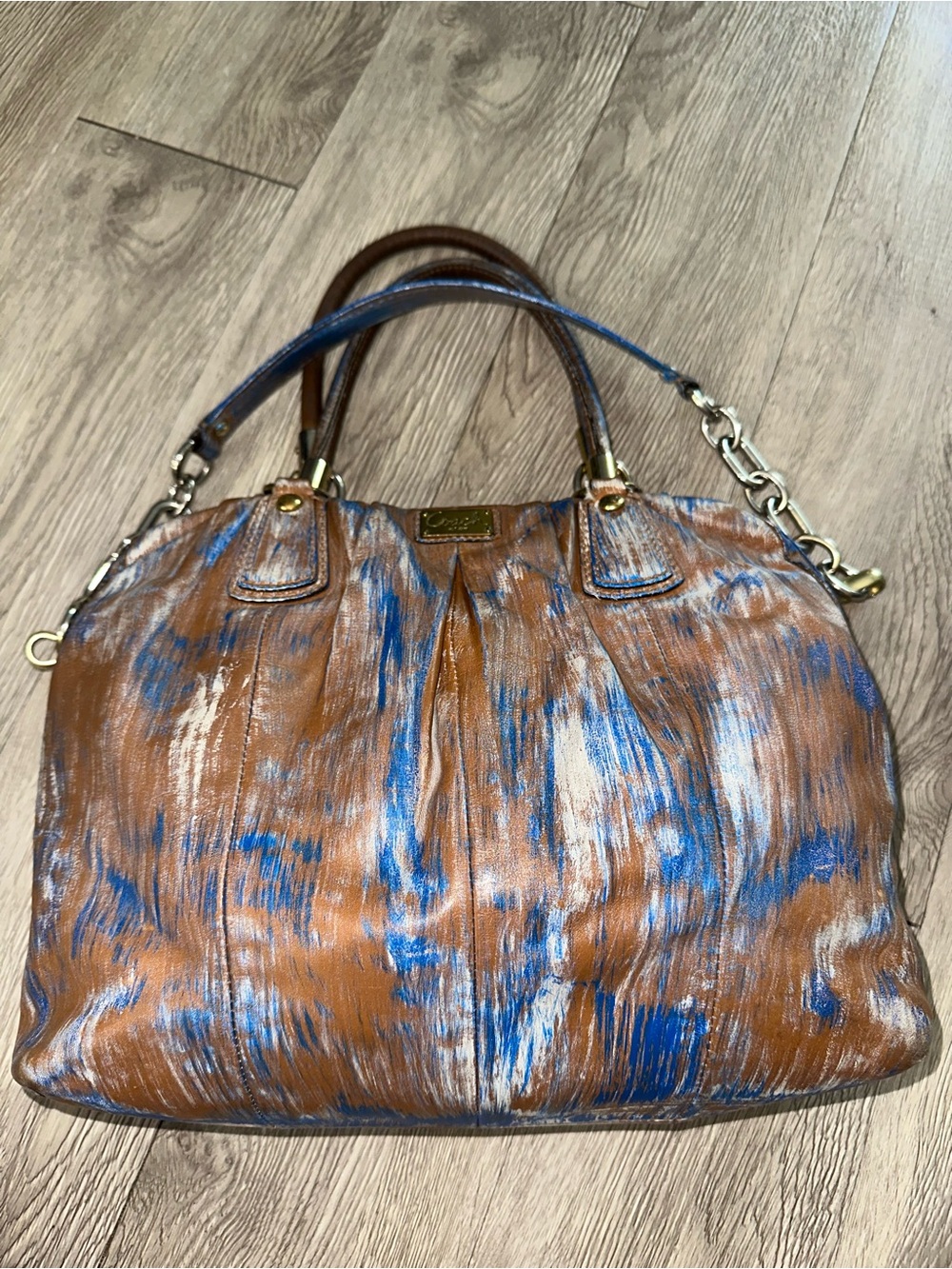 Coach Madison Brushed Blue Brown Leather Satchel Bag Purse